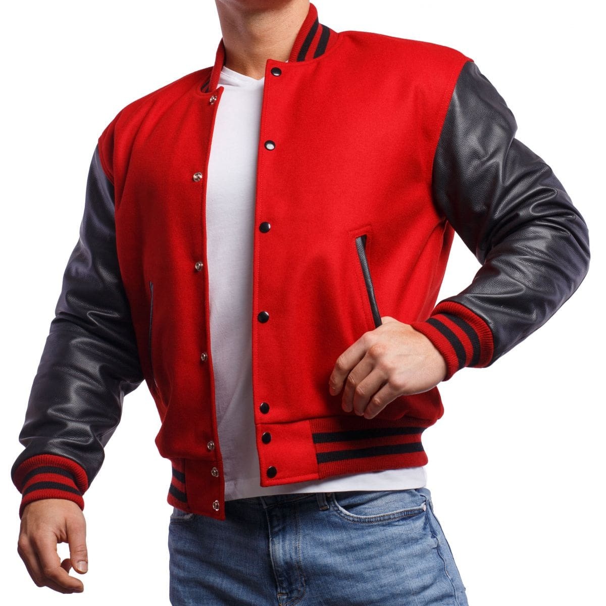 Premium Men's Red Varsity Leather Jacket with Black Sleeves