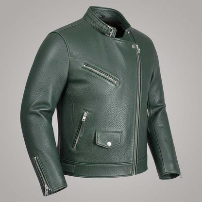 Premium pebbled cowhide green motorcycle jacket with asymmetric zipper by Jackets Kingdom