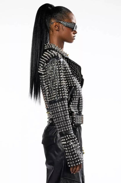 Premium Punk Women's Long Spiked Leather Jacket