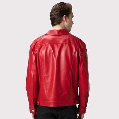 Premium Red Lambskin Leather Trucker Jacket for Men