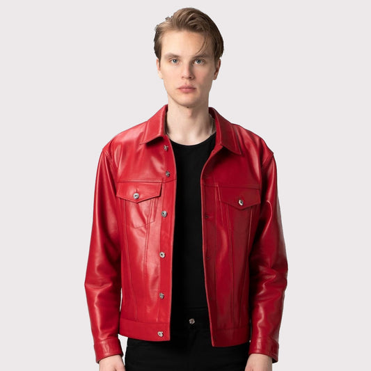 Red Lambskin Leather Trucker Jacket for Men