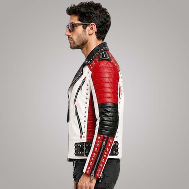 Premium studded motorcycle jacket crafted from top grain cowhide leather with custom fit by Jackets Kingdom