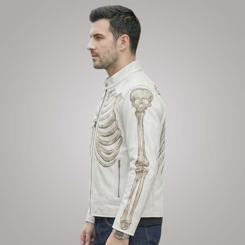 Premium white cowhide biker jacket featuring handmade craftsmanship