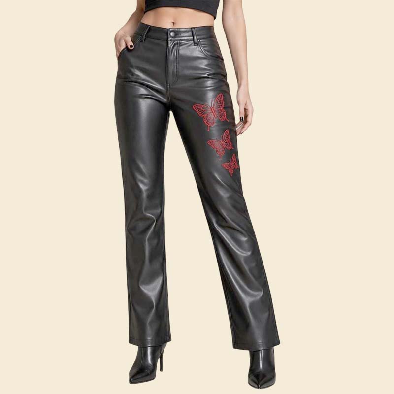 Premium women genuine leather butterfly pants straight leg design