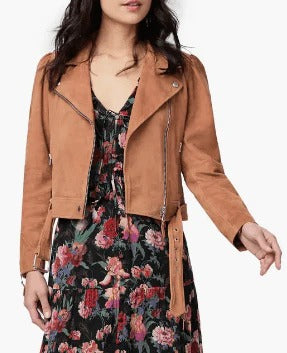 Premium Women's Tan Brown Belted Suede Leather Biker Jacket