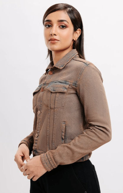 Women’s Distressed Denim Trucker Jacket - Brown Casual Style