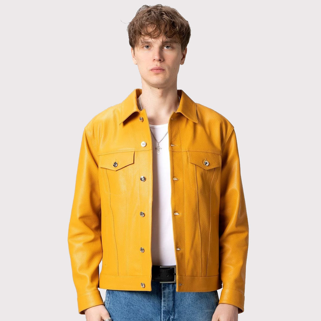 Yellow Leather Trucker Jacket for Men