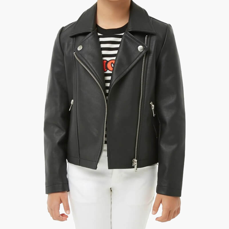 Girls Pure Black Leather Jacket