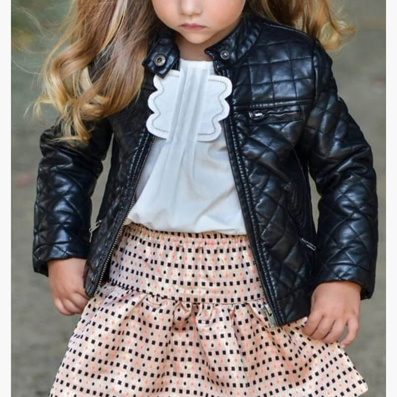 Girls Quilted Pure Black Leather Jacket