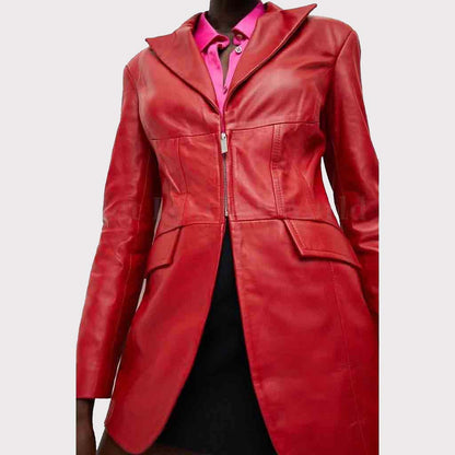 Red Corset Leather Blazer for Women