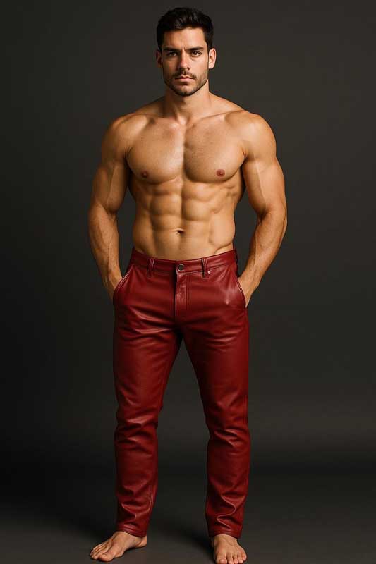 Mens Red Sheepskin Leather Biker Pants Handmade Rocker Fit