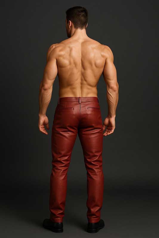 Mens Red Sheepskin Leather Biker Pants Handmade Rocker Fit