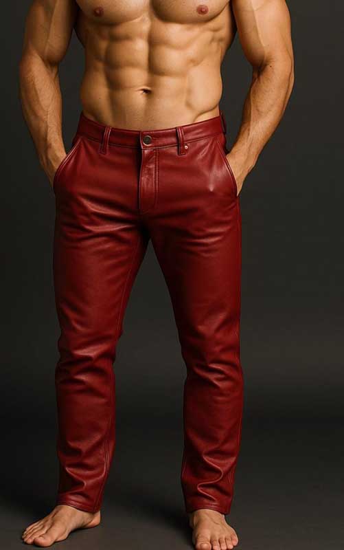 Mens Red Sheepskin Leather Biker Pants Handmade Rocker Fit