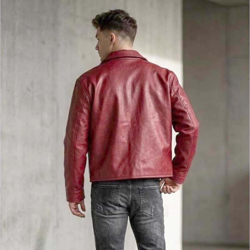 Crimson Red Gothic Leather Jacket with Black Cross Applique | Jackets Kingdom