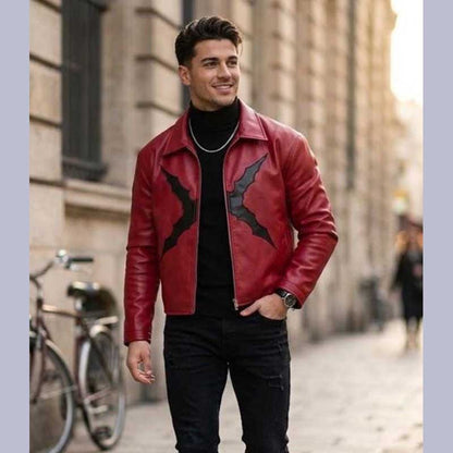 Red Leather Jacket with Black Cross Patch by Jackets Kingdom