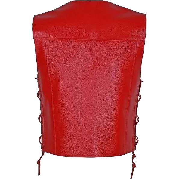 Men’s Motorcycle Biker Red Leather Vest with 10 Pockets