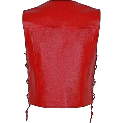 Men’s Motorcycle Biker Red Leather Vest with 10 Pockets