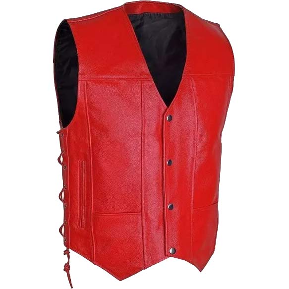 Men’s Motorcycle Biker Red Leather Vest with 10 Pockets