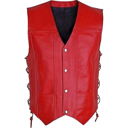 Red Leather Motorcycle Biker Vest