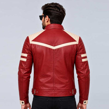 Red leather biker racer jacket with quilted sleeves