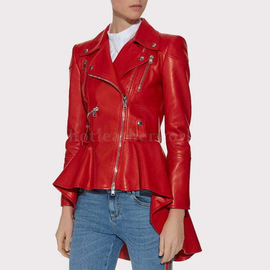 Red Peplum Leather Jacket for Women