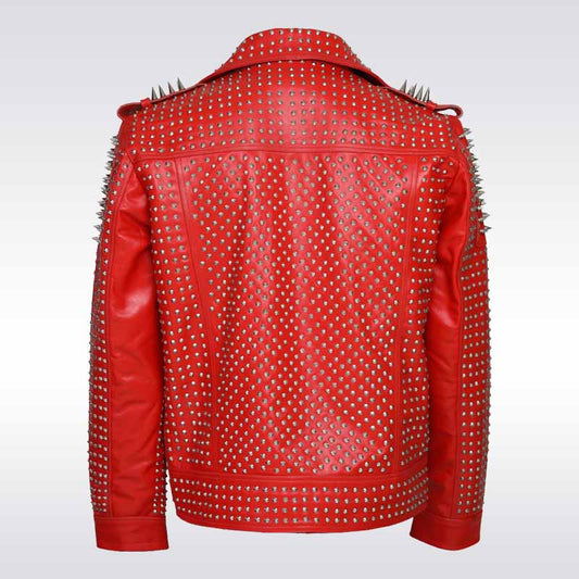 Men’s Red Spiked Punk Leather Jacket - Hand-Studded Rivet Biker Style