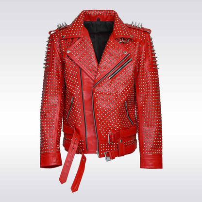 Men’s Red Spiked Punk Leather Jacket - Hand-Studded Rivet Biker Style
