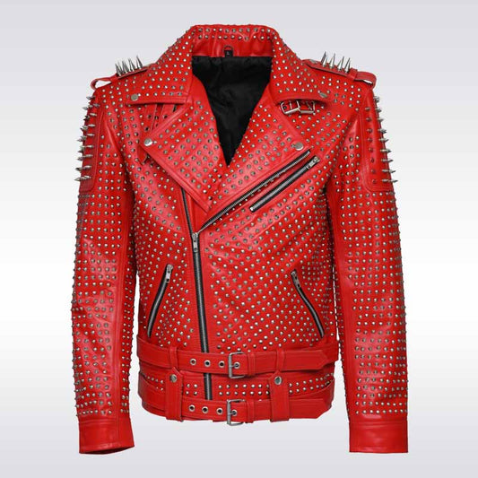 Men’s Red Spiked Punk Leather Jacket - Hand-Studded Rivet Biker Style