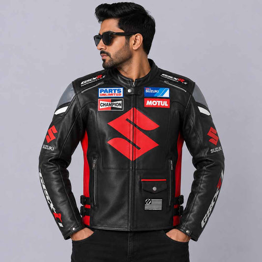 Men's Red Suzuki Racing Jacket in Genuine Leather with Performance Fit