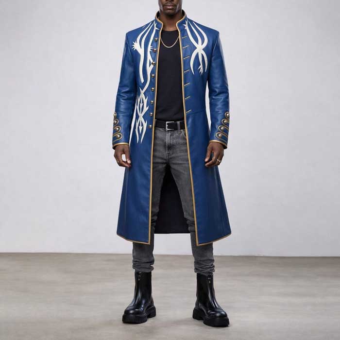 Blue Vergil DMC 3 Leather Trench Coat with Long Cosplay Design