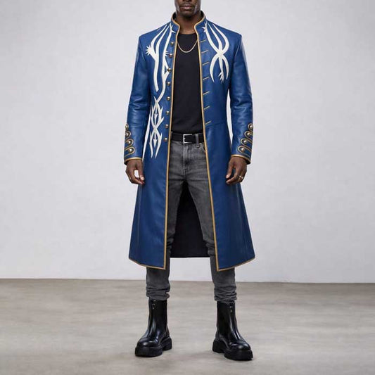 Blue Vergil DMC 3 Leather Trench Coat with Long Cosplay Design