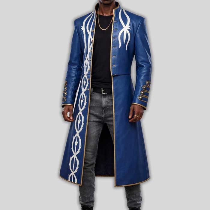 Blue Vergil DMC 3 Leather Trench Coat with Long Cosplay Design