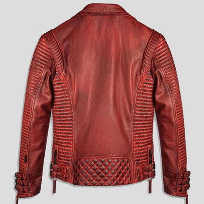 Red Waxed Biker Motorcycle Leather Jacket For Men