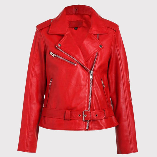 Red Women's Leather Biker Jacket - Red Jacket Women