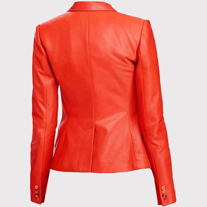 Red Women's Leather Coat with Double Pockets