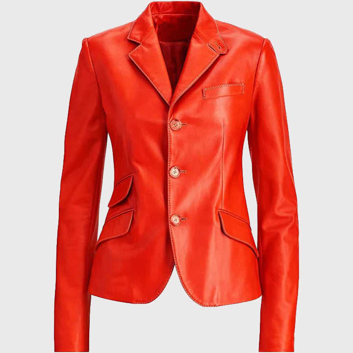 Red Women's Leather Coat - Double Pocket Design!