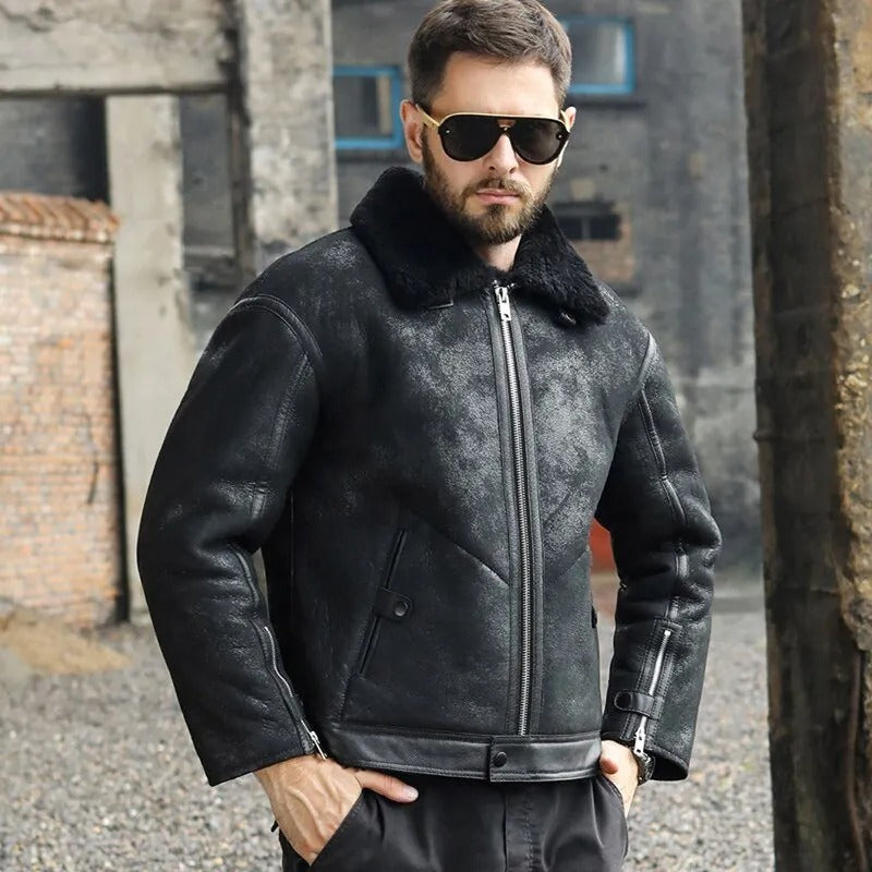 Retro Black Shearling Jacket Short Fur Coat