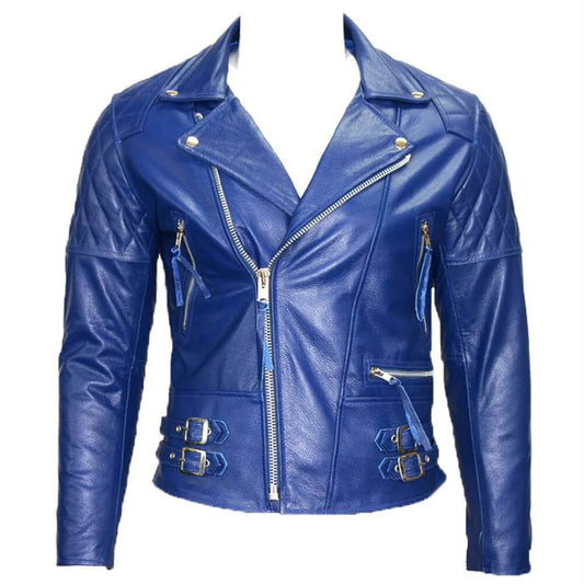 royal blue cafe racer leather jacket