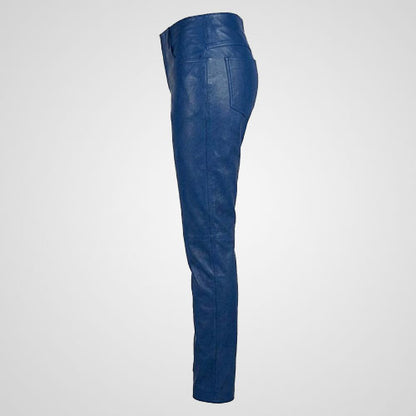Slim fit royal blue leather trousers with double buckle waist straps
