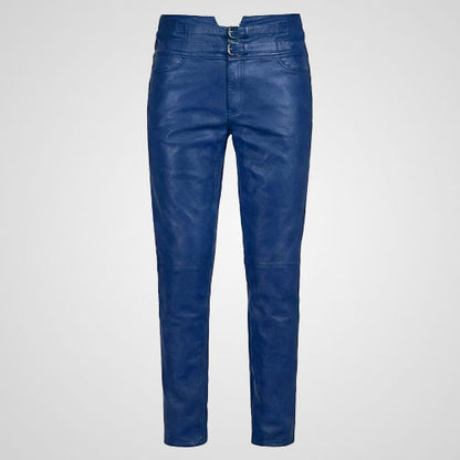 Royal blue genuine leather pants with slim fit modern cut