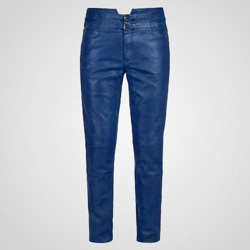 Royal blue genuine leather pants with slim fit modern cut
