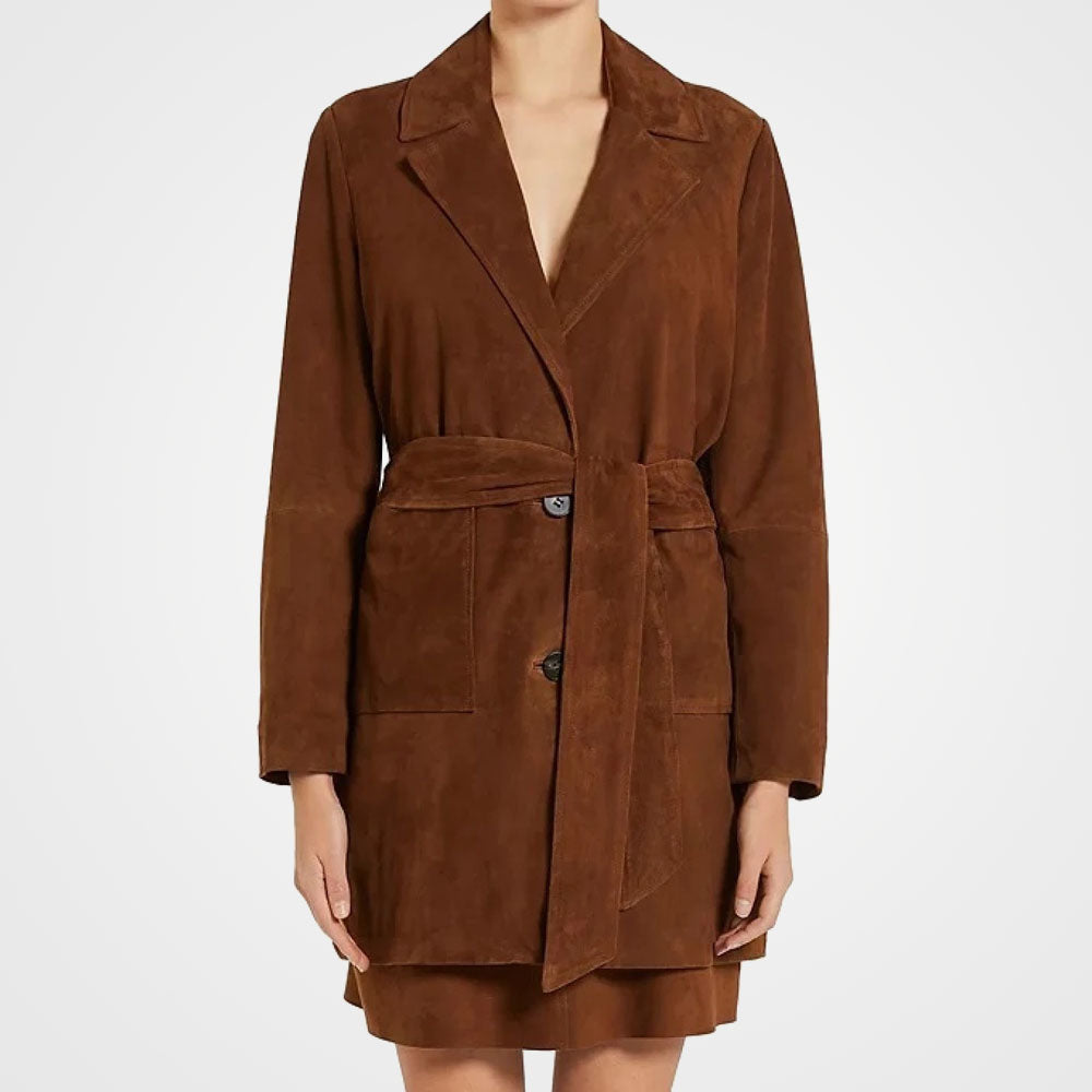 Rust Suede Leather Long Trench Coat