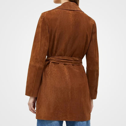 Rust Suede Leather Long Trench Coat