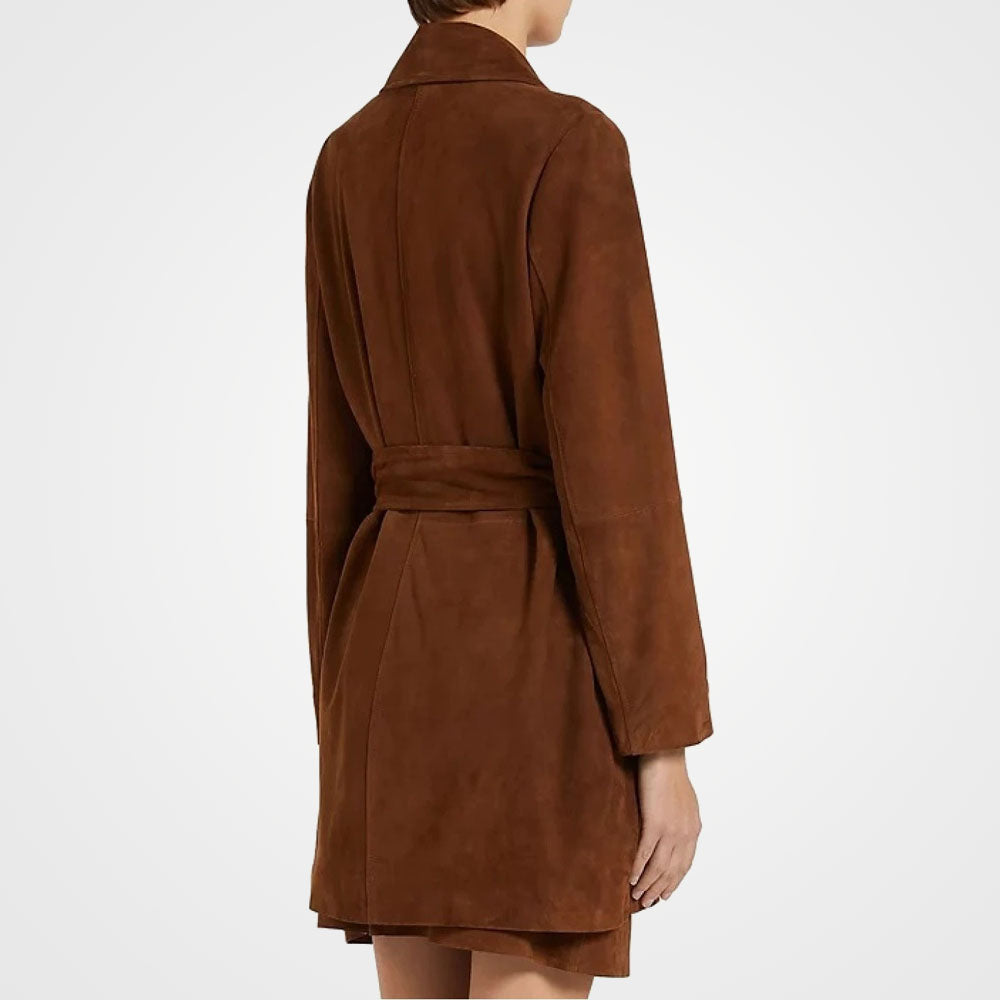 Rust Suede Leather Long Trench Coat