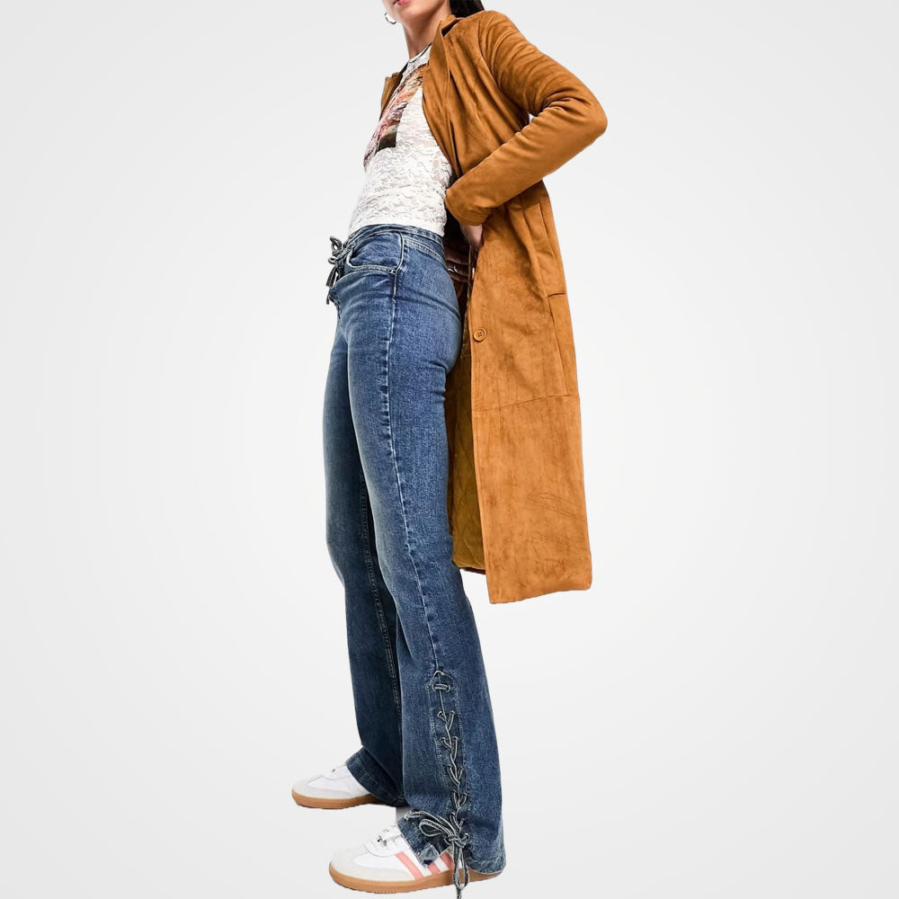 Cloak Jacket Rust Rust Suede Leather Trench Coat - Notch Collar Long Coat