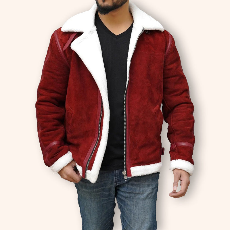 Ryan Reynolds Spirited Red Suede Shearling Jacket - Christmas Edition