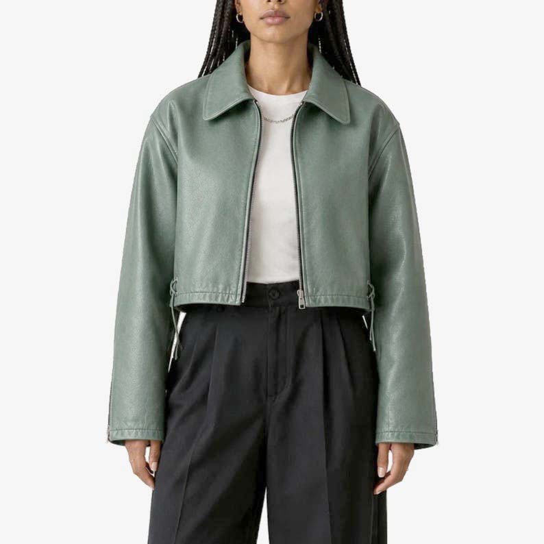 Sage green Y2K boxy oversized leather jacket for women