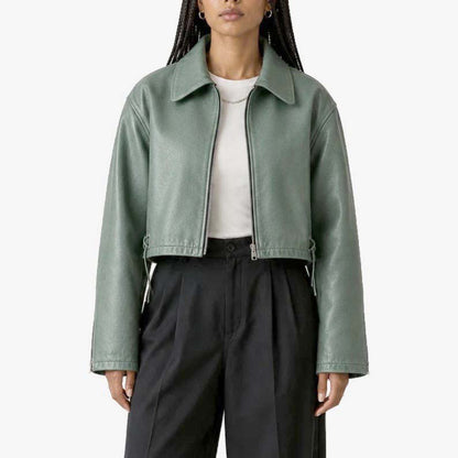 Sage green Y2K boxy oversized leather jacket for women