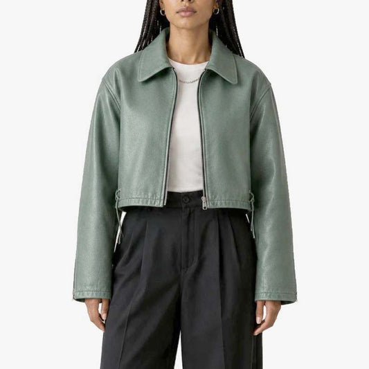 Sage green Y2K boxy oversized leather jacket for women
