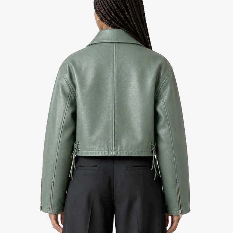 Cropped sage green leather jacket with fold-over collar